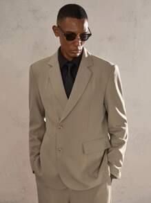 AKNOTIC Business Casual 2pcs/Set Men's Khaki Metal Button Slim Fit Woven Casual Fashion Suit Set, Suitable For Office, Daily Wear, And Parties - Khaki - View 2