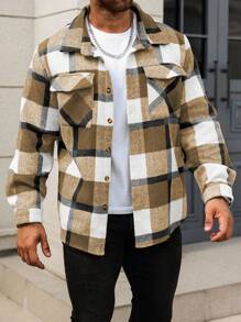 Manfinity Homme 大码男式前扣长袖口袋格子休闲夹克 - 彩色 - 查看 4