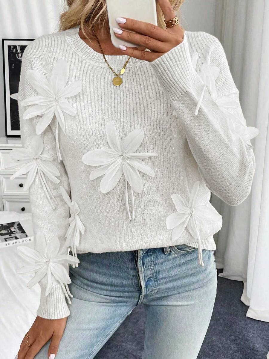 Chiquease 女士纯色落肩长袖3D立体花卉贴花套头毛衣，秋冬针织套头衫