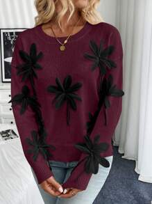 Chiquease 女士圆领长袖简约休闲手工花卉装饰套头毛衣针织衫秋冬款