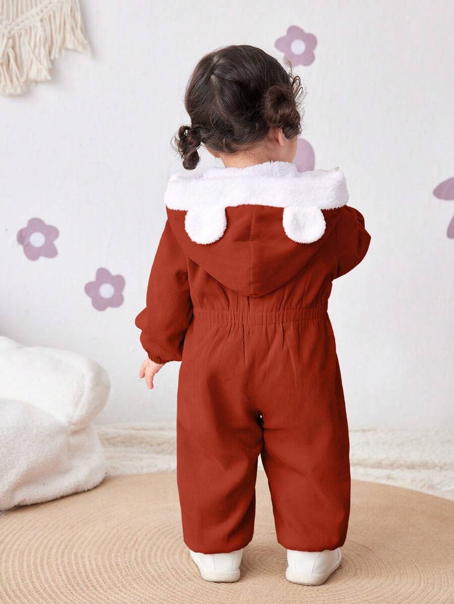 SHEIN Bộ đồ liền thân trùm đầu bằng vải nhung kẻ cho bé gái sơ sinh, thiết kế màu ấm áp cho mùa thu/đông - Nhiều màu - Xem 1