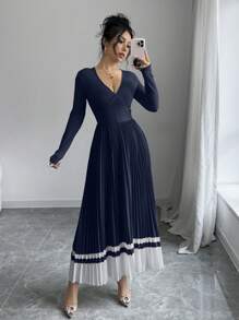 Elenzga V-Neck Pleated Color Block A-Line Everyday Elegant Vintage Dress Maxi Women Outfit