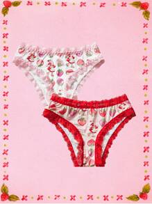Strawberry Shortcake X SHEIN 2 stuks dames schattige aardbeien bedrukte contrasterende kant sexy en comfortabele slip, roze en rood