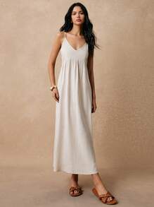 女士细肩带连衣裙，露背领结连衣裙，宽松亚麻夏季度假休闲太阳裙 - 杏色 - 查看 7