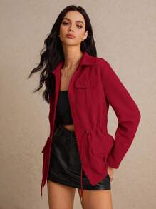 Poéselle Women's Casual Solid Color Drawstring Waist Jacket, Autumn