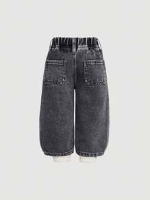 SHEIN 女婴可爱蝴蝶结装饰蓝色牛仔阔腿裤，女童秋冬装 - 灰色 - 查看 3