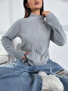 Flirla Plush Zipper Jacket With Lapel Collar And Slim Fit Fall Winter Cloth For Women - Grey - View 6