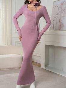 Modelyn Women Rhinestone Decorated Round Neck Long Sleeve Casual Sweater Dress - Pink - View 6