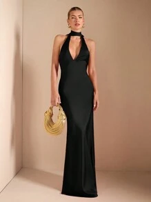 SHEIN BAE 红色性感优雅深 V 领细肩带露背系带美人鱼下摆针织连衣裙，适合鸡尾酒会、浪漫约会、秋冬分层穿着、派对、婚礼派对、万圣节、圣诞节 - 黑色 - 查看 7