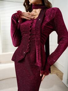 Modelyn Conjunto de 2 piezas de blusa casual de manga larga con botones delanteros y falda para mujeres - Burdeos - Ver 2