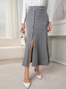 Modelyn Women Plain Color Button Decor Simple Casual Sweater Skirt - Grey - View 3