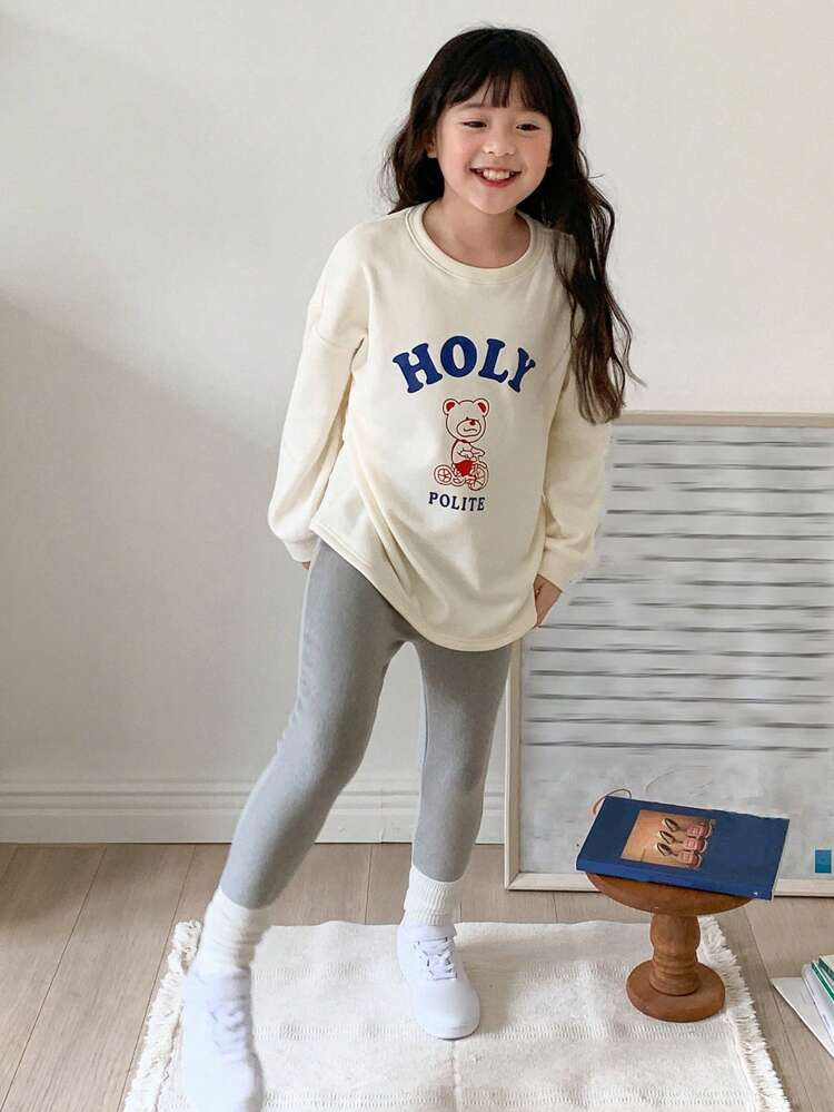 2pcs Tween Girls Round Neck Knitted Printed Outfit Set, Autumn,Back To School Clothes