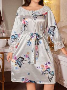 LuxeNights Camisón de manga larga de talla grande con estampado de mariposas y flores, con aplicaciones de encaje