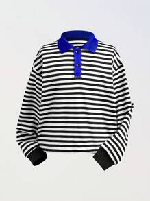 SHEIN Explorewe 2 件套青少年男孩美式休闲撞色条纹针织 Polo 衫和运动裤，适合春秋冬季 - 彩色 - 查看 5