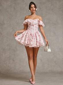 SHEIN BAE 秋冬纯粉色和碎花露肩荷叶边蕾丝拼布连衣裙，公主风格适合鸡尾酒会、浪漫约会、分层针织衫、派对、正式场合、伴娘、万圣节、圣诞节