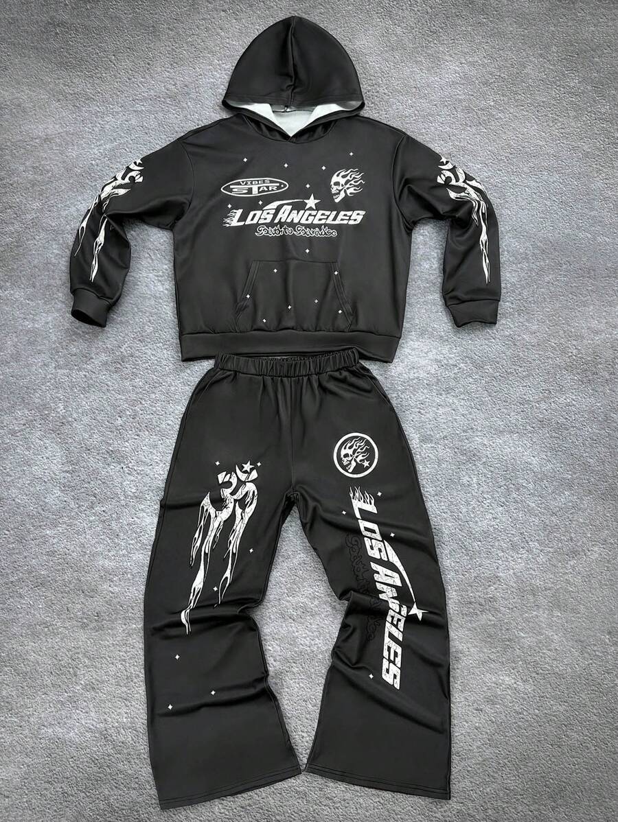 青少年男孩休闲凉爽舒适长袖连帽衫和裤子套装 - 深灰色 - 查看 1