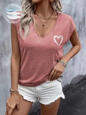 EMERY ROSE Summer Outfits Heart Print Batwing Sleeve Tee