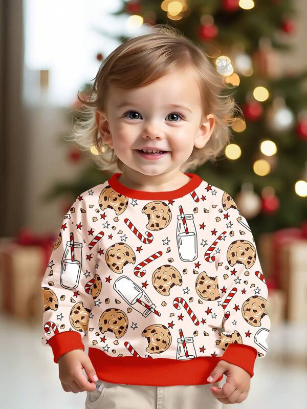 SHEIN Christmas Baby Girl Casual Minimalist Christmas Pattern Contrast Color Thermal Lined Soft Loose Knit Crew Neck Pullover Sweatshirt