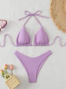 SHEIN Swim Bộ đồ bơi bikini buộc dây lưng màu trơn cho nữ mùa hè - Màu tím - Xem 1