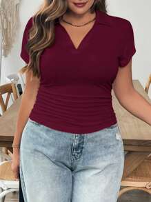 SHEIN Essnce Plus Size Women's Summer And Autumn Casual Comfortable POLO Collar Red Short-Sleeved Plain Teacher Fitted T-Shirt, Curve Tops, Back To School Basic Burgundy Top, New Year, Summer