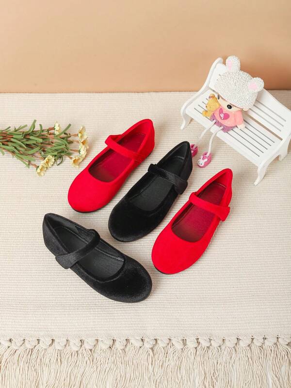 Girls Retro Style Princess Flats, Red Casual Slip-On Loafers For Big Kids, Autumn & Winter Dance Shoes , Black Flats