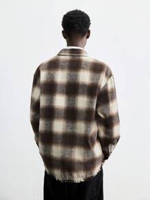 Maija 男士 2025 年春夏新款棕色格子保暖内衬厚前扣开口夹克，休闲日常穿着，适合新年、节日派对、情人节 - 咖啡棕 - 查看 5