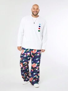 Manfinity VCAY Plus Size Men's Loose Fit Heart Knit Round Neck Long Sleeve T-Shirt - White - View 3