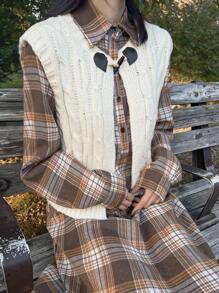 FRIFUL Chaleco de punto suelto y casual con botones frontales de unicolor, a cuadros para otoño/invierno para mujer - Albaricoque - Ver 7