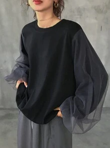 FRIFUL Áo thun tay dài cổ tròn rộng rãi phối lưới tương phản dành cho nữ - Màu xám đen - Xem 8