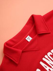 SHEIN Tween Girl Red Polo Neck Long Sleeve Sweatshirt With Simple Printed Pattern, Suitable For Chinese New Year & Christmas, Autumn/Winter - Red - View 5