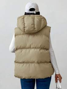 EURMUSE Zip Up Drawstring Hooded Puffer Vest Coat - Beige - View 2