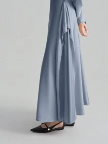 Ontre 女式 2025 新款天蓝色简约设计长袖收腰缎面连衣裙，优雅派对礼服 - 藍色 - 查看 5