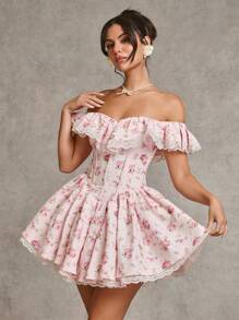 SHEIN BAE 秋冬纯粉色和碎花露肩荷叶边蕾丝拼布连衣裙，公主风格适合鸡尾酒会、浪漫约会、分层针织衫、派对、正式场合、伴娘、万圣节、圣诞节