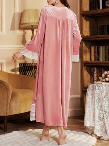 多层蕾丝拼布复古 V 领天鹅绒长袖睡袍长袖睡袍睡衣连衣裙丝绸睡袍女士睡衣 - 藕粉色 - 查看 2