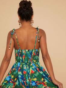 Travachic 春夏海边休闲度假，肩带蝴蝶结配木珠装饰，罩杯结构，收腰宽松连衣裙，女士绿色热带印花超长吊带裙（背部有弹性，可搭配任何身材） - 綠色 - 查看 4