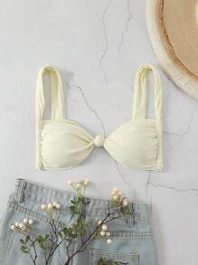 SHEIN Swim Ladies' Summer Beach Solid Color Knotted Bikini Top - Beige - View 5