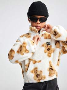 SHEIN Tween Girls Spring/Summer Basic Fuzzy Bear Pattern Thermal White Baggy Long Sleeve Sweatshirt - White - View 4