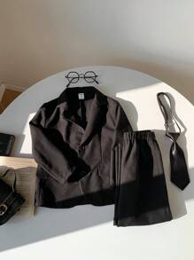 SHEIN Leap Crew Young Boy Solid Color Lapel Neck Single-Breasted Long Sleeve Jacket & Pants Casual Gentleman Suit Set, Autumn - Black - View 7