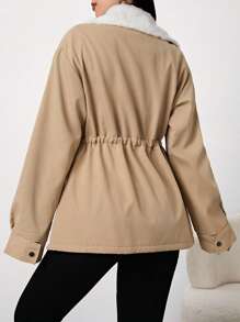 Mulvari 女式休闲双色毛领抽绳腰部羊毛风衣，秋冬 - 咖啡棕 - 查看 6