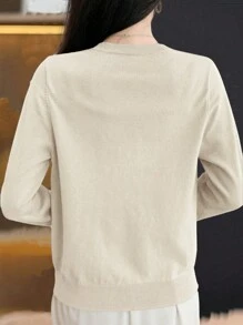 EMERY ROSE 1pc Button Front Long Sleeve Casual Solid Top, Daily Wear Fall Winter Cloth For Women - Apricot - View 2