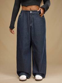 Forever 21 Plus Size Front Button Pocket Simple Stripe Casual Boyfriend Jeans - Navy Blue - View 7