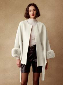 MOTF PREMIUM WOOL CONTRAST FUZZY CUFF OVERCOAT - White - View 3
