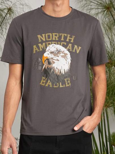 Animal Planet X SHEIN Camiseta de manga corta ajustada con estampado vintage de águila desgastado en negro y gris para hombres, de estilo casual