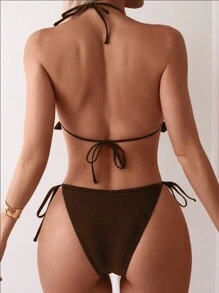 Swim Lushoire 2pcs/Set Women Beach Vacation Solid Color Ruffled Hem Halter Tie Sexy Bikini Summer - Brown - View 2