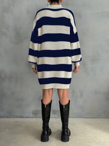 EURMUSE Women Drop Shoulder Sweater Dress With Striped Pattern - Royal Blue - View 4