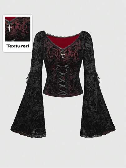 Goth Maglietta vintage da donna con maniche aperte e a campana arricciata, con fiocco decorativo, a contrasto di colori