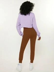 SHEIN BASICS Quần nỉ bó sát lưng rút màu trơn cho nữ, dáng rộng, dễ mặc - màu nâu - Xem 4