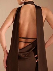 SHEIN BAE 秋冬纯红色性感优雅深 V 领细肩带系带鱼尾露背细肩带针织连衣裙适合鸡尾酒会、浪漫约会、秋冬季分层穿着、派对、婚礼伴娘、夜间外出、万圣节、圣诞节 - 咖啡棕 - 查看 6