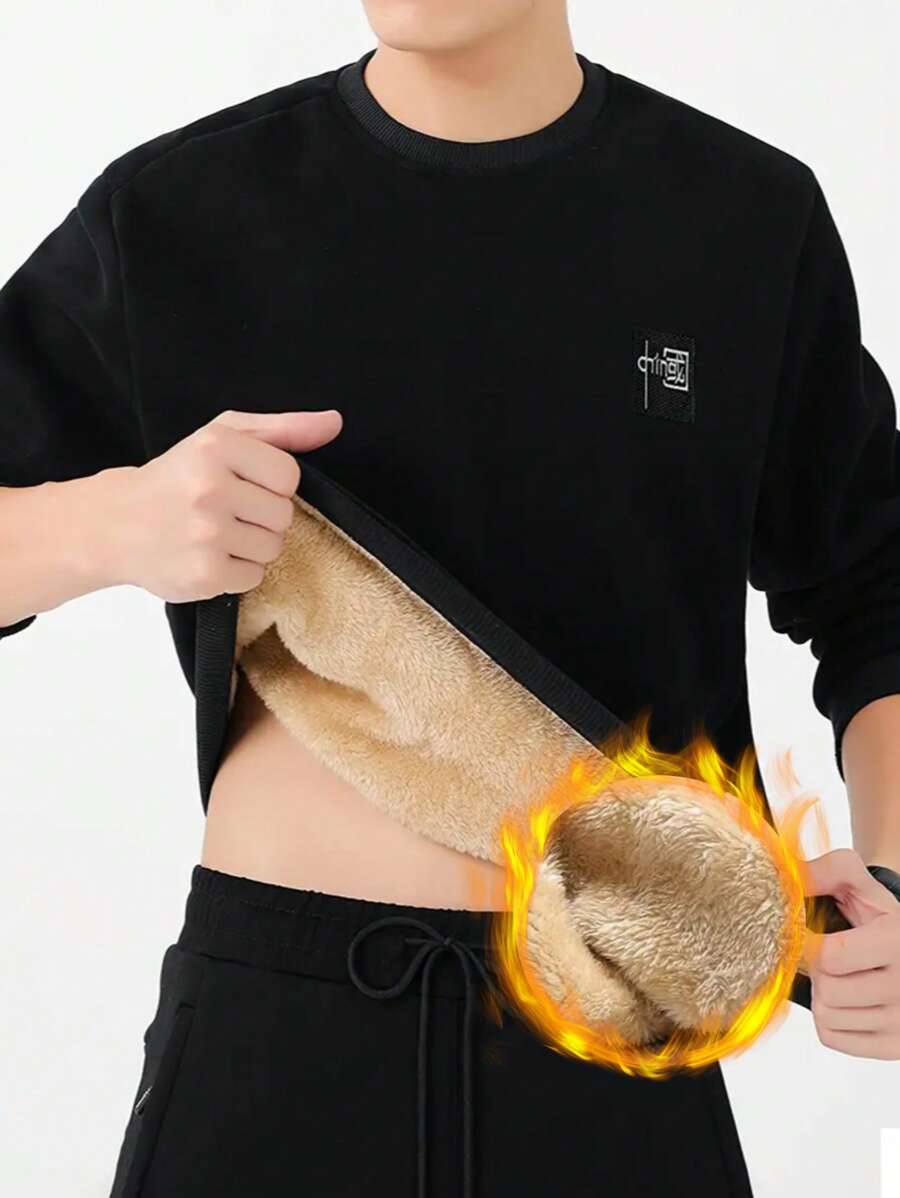 Manfinity Dauomo Men's Fleece Hoodie With Chinese Embroidery, For Fall Winter, Long Sleeve Top - Black - View 1