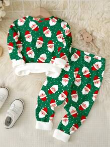 年轻男孩圣诞老人卡通印花休闲简约紧身厚圆领长袖长裤睡衣套装，适合秋冬季 - 彩色 - 查看 2